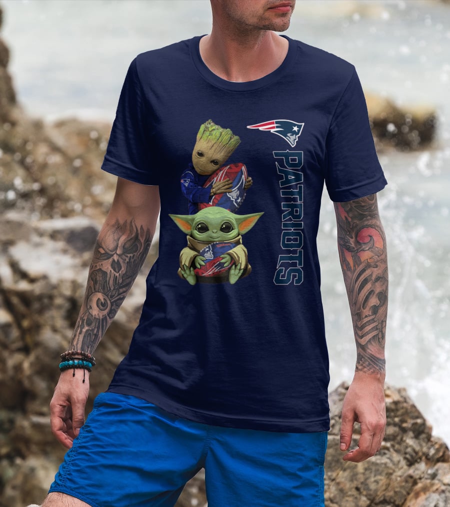 Patriots Groot And Baby Yoda With New England Football T-Shirt