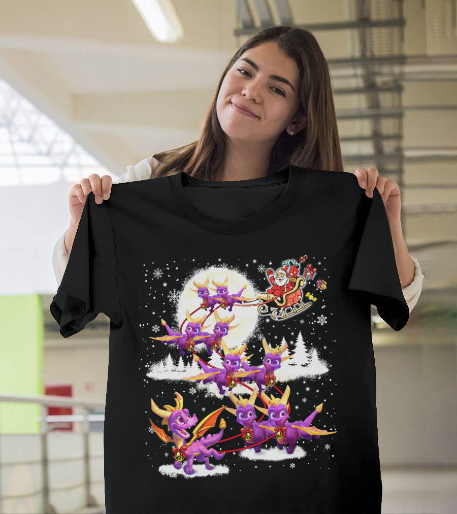 Santa's Sleigh Pulled By Purple Dragon Reindeer T-Shirt