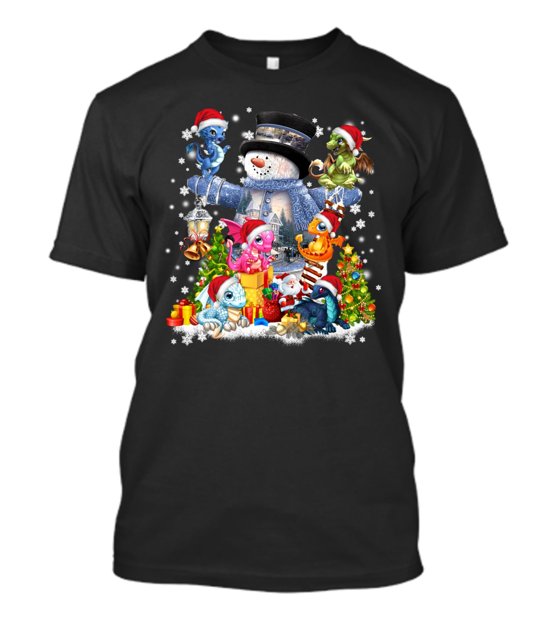 Dragons Play With Snowman IN Christmas Scene T-Shirt