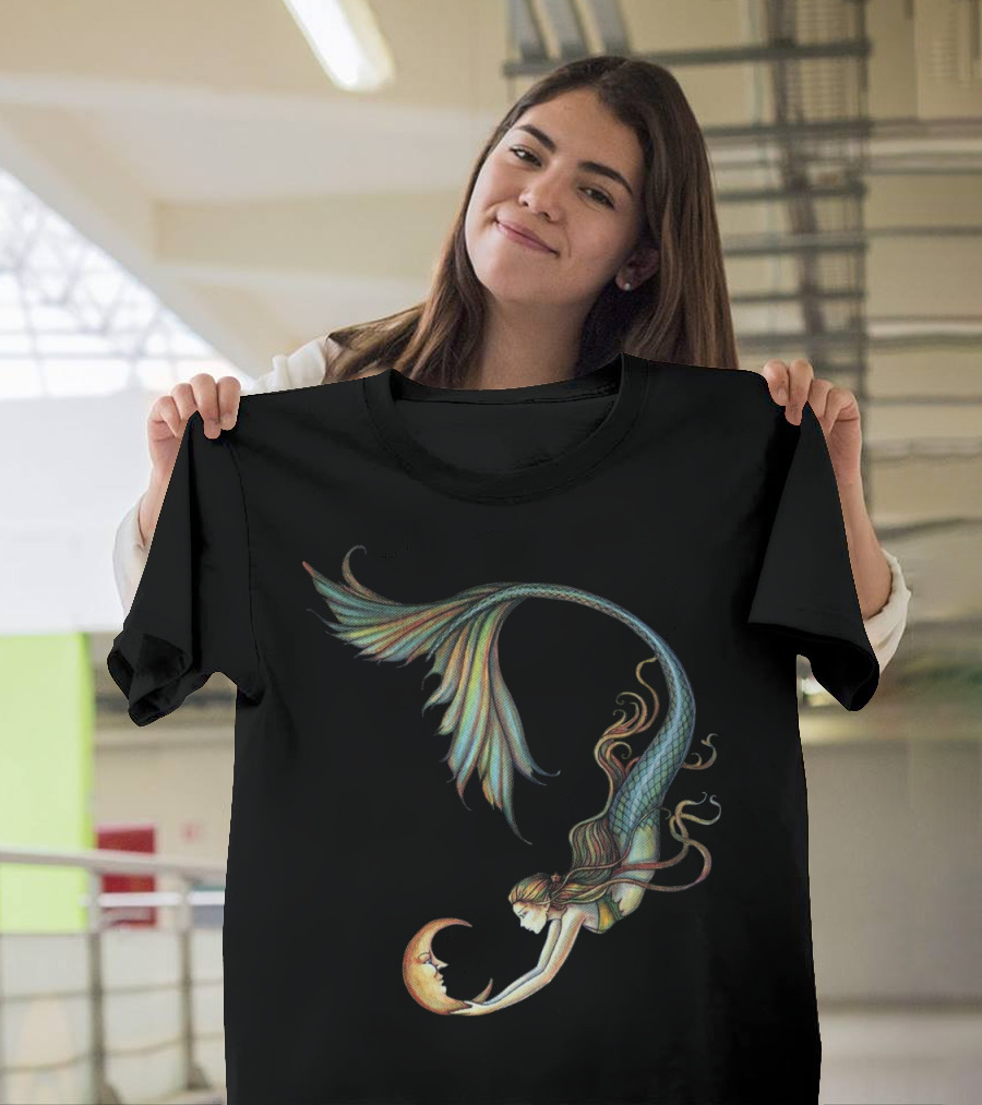 Mermaid Embrace With Smiling Crescent Moon T-Shirt