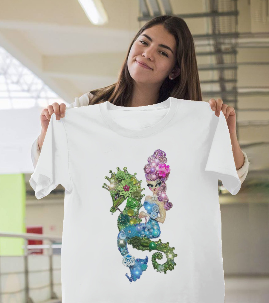 MERMAID RIDING A SEAHORSE JEWEL EMBELLISHED FANTASY CREATURE T-Shirt