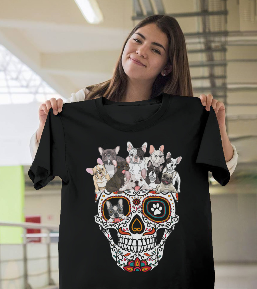 Skull Sugar French Bulldog Día de los Muertos T-Shirt