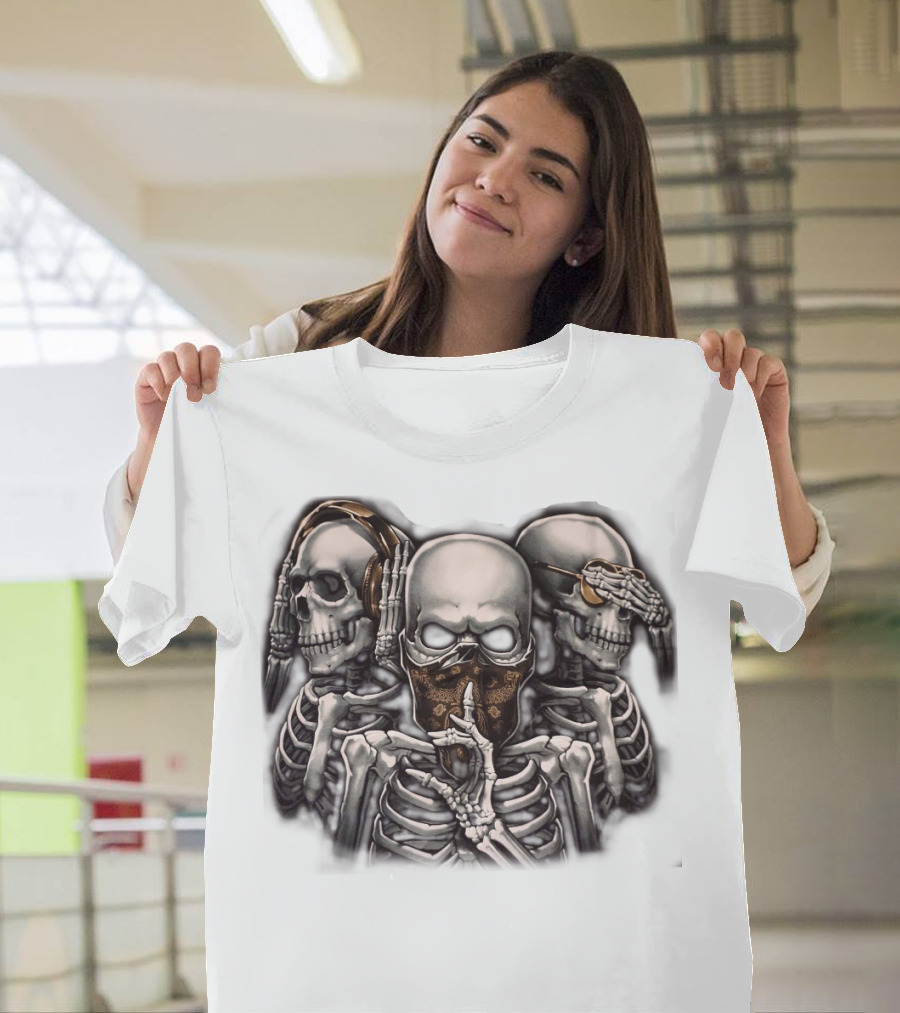 Skull Skeletons With Headphones And Bandana T-Shirt