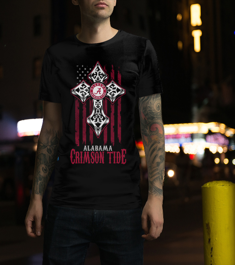 Alabama Crimson Tide Cross With American Flag And Script A T-Shirt