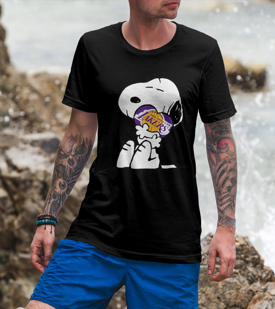 Snoopy Hugging Los Angeles Lakers Basketball T-Shirt