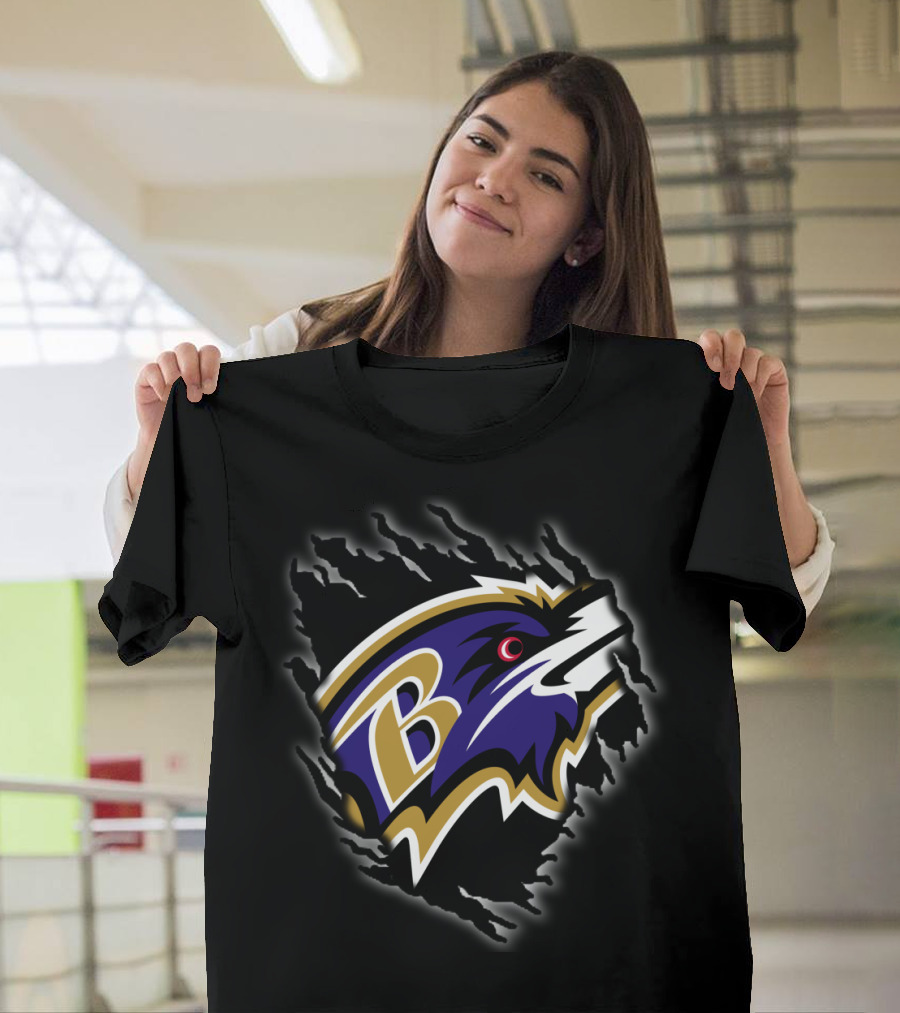 Baltimore Ravens Nfl Team Logo With Claw Marks On Dark T-Shirt