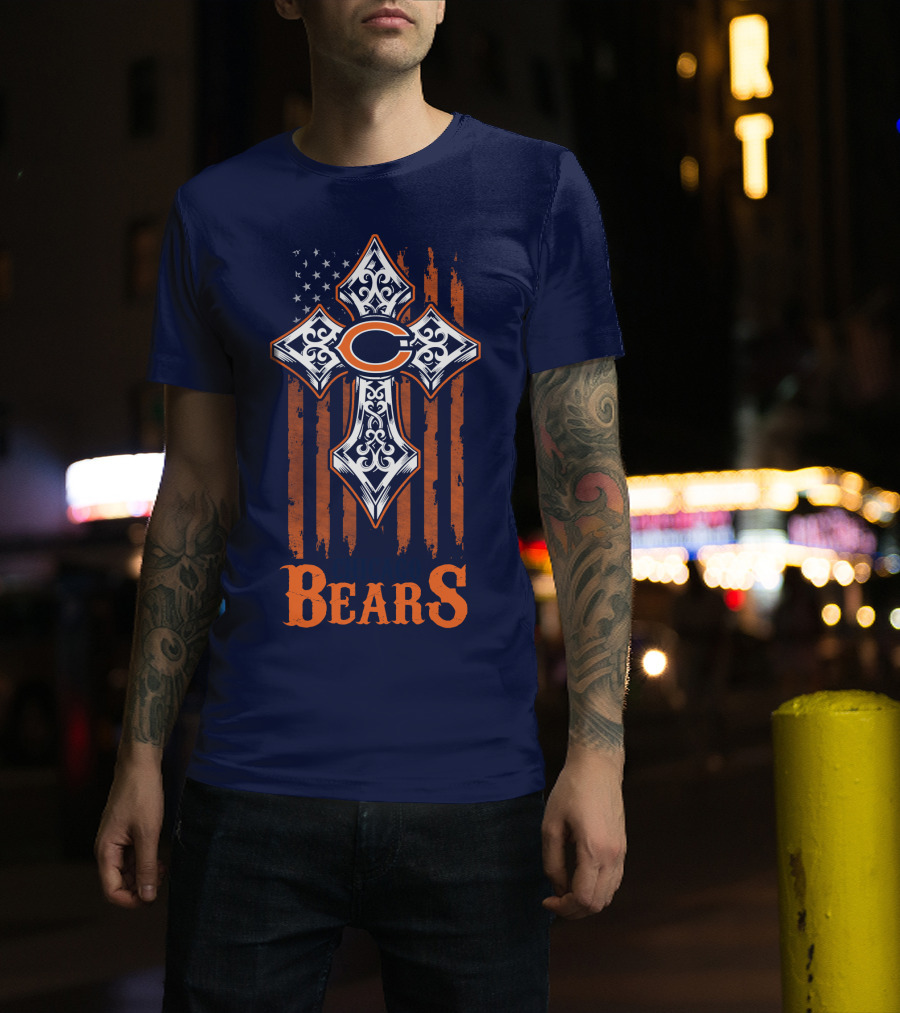 Chicago Bears Cross With American Flag Stripes T-Shirt