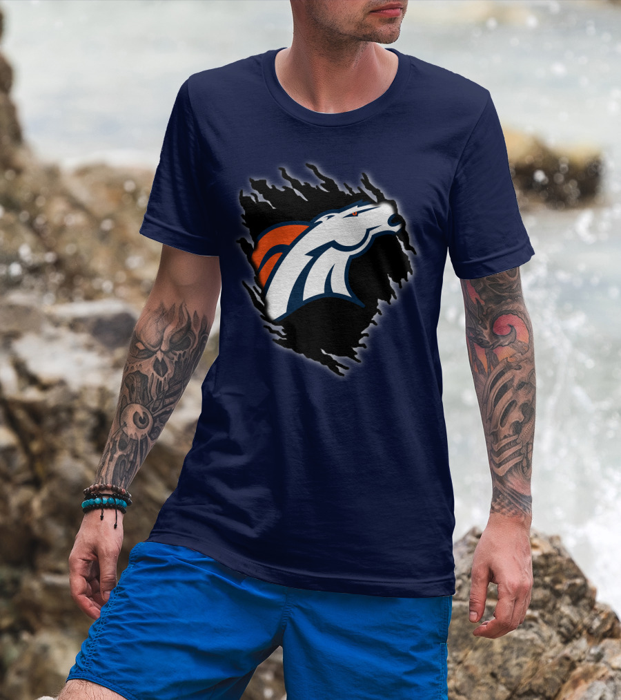 Denver Broncos Ripped Torn Logo Peeling Illusion Dark Blue T-Shirt
