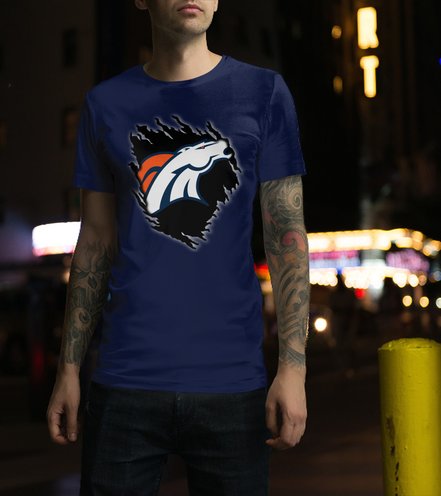 Denver Broncos Ripped Torn Logo Peeling Illusion Dark Blue T-Shirt