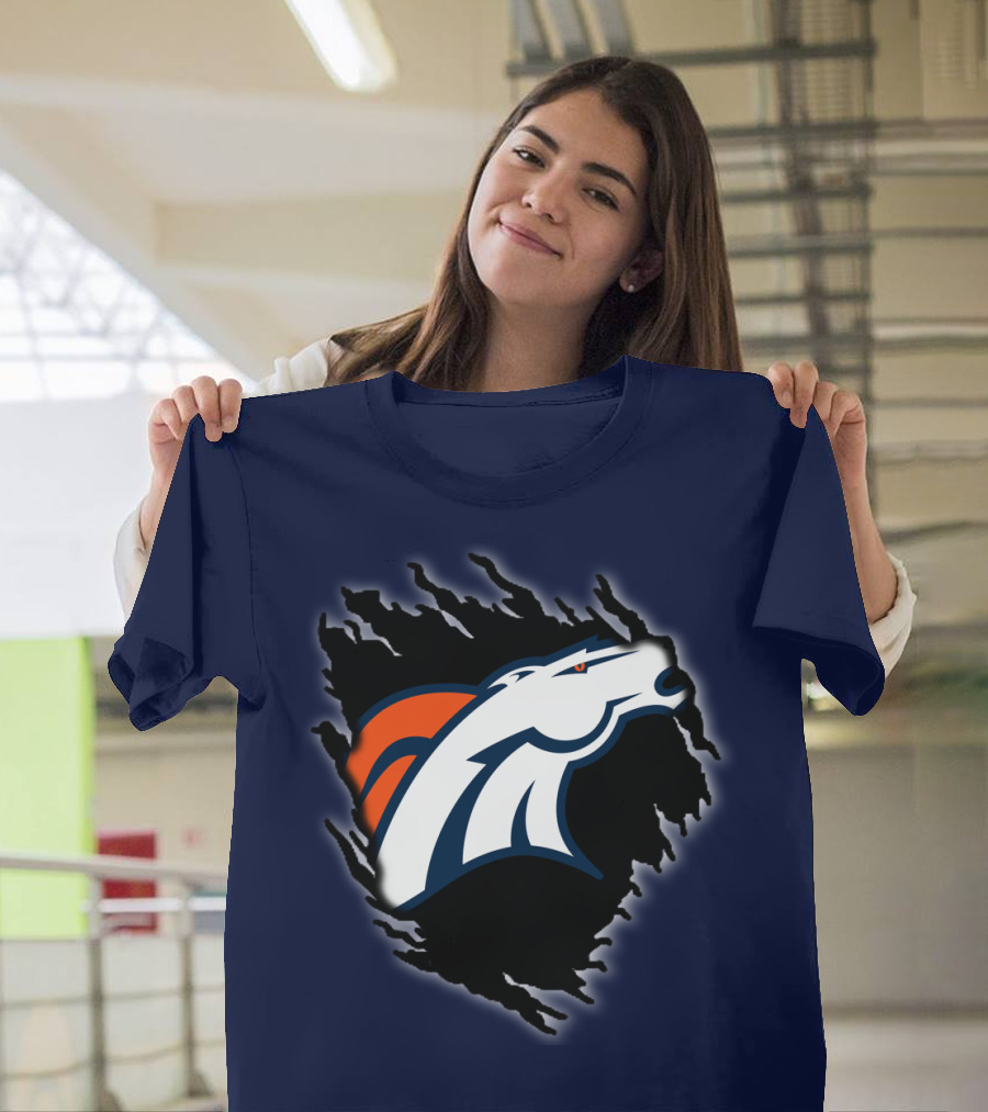Denver Broncos Ripped Torn Logo Peeling Illusion Dark Blue T-Shirt