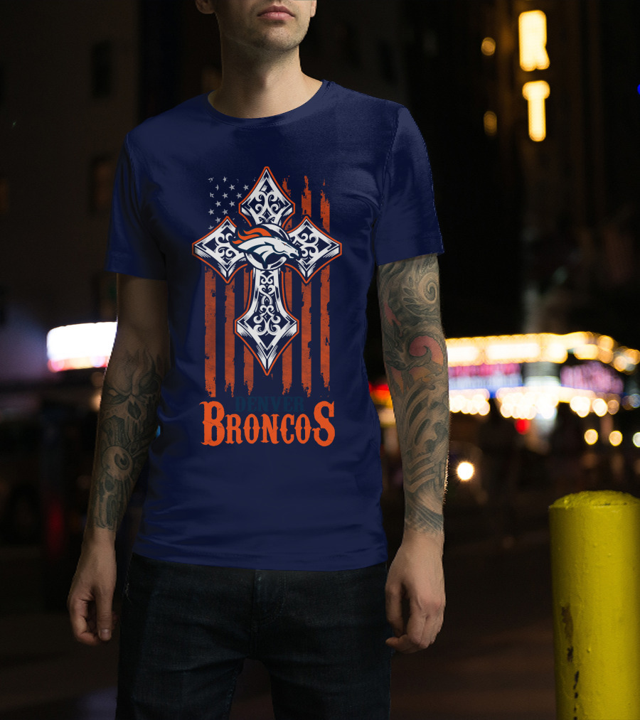 Denver Broncos American Flag Cross Horse T-Shirt