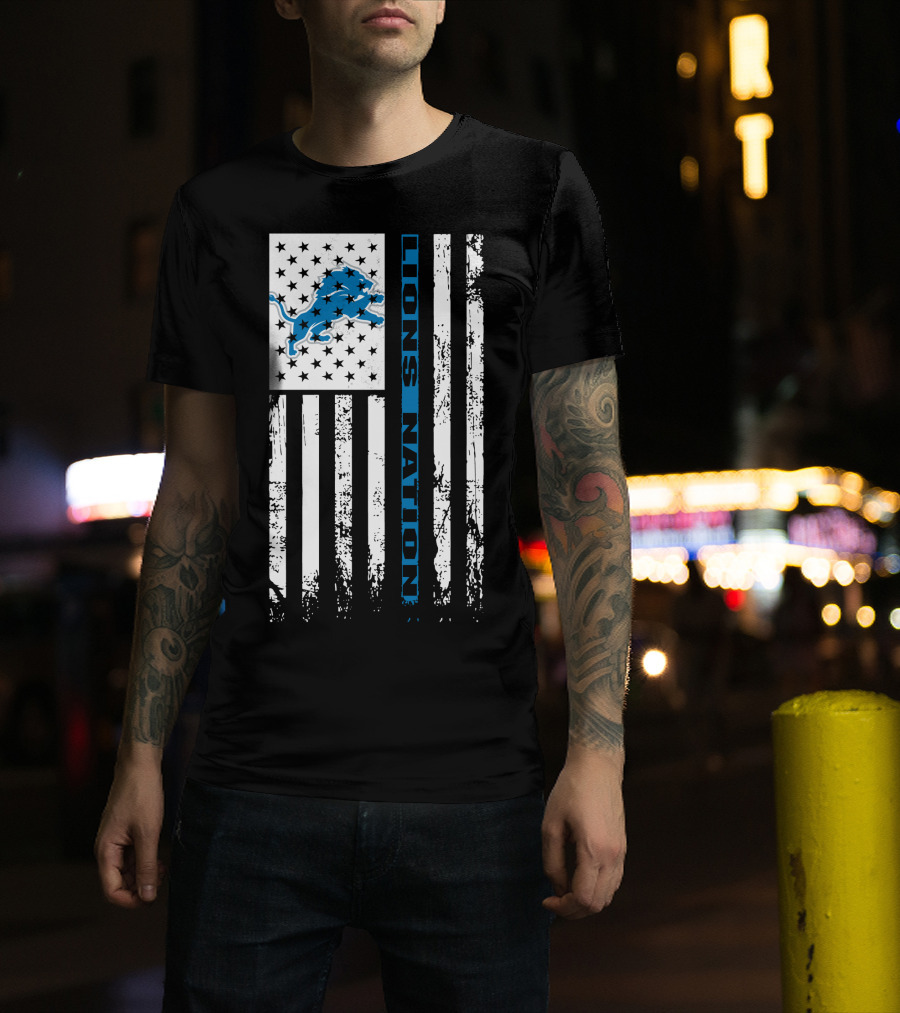 Detroit Lions Nation Flag Design With Blue Lion And Stars T-Shirt
