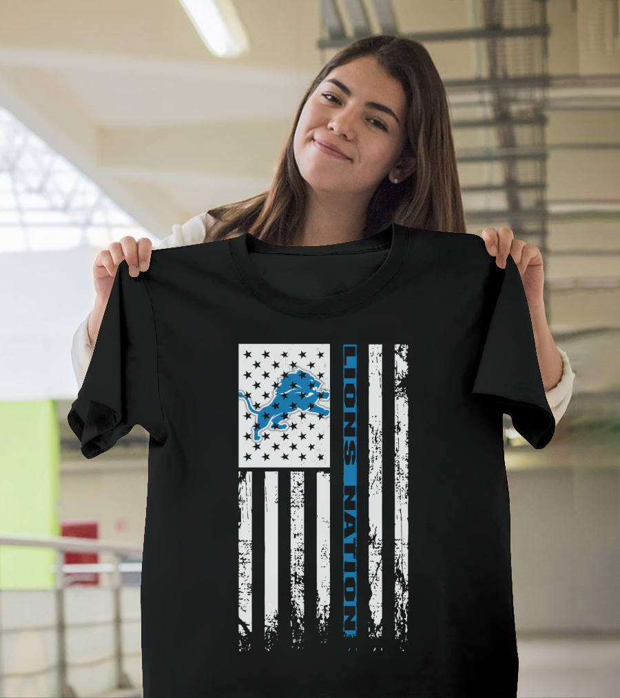 Detroit Lions Nation Flag Design With Blue Lion And Stars T-Shirt