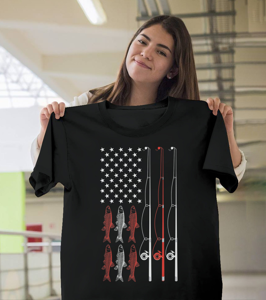 American Flag Fishing Dad Grandpa Vintage Patriotic Fishing Rods And Fish T-Shirt