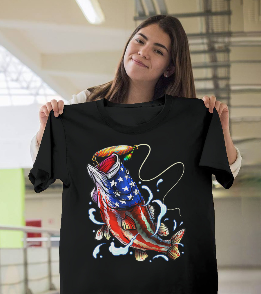 Bass Fishing Angler Dad With American Flag T-Shirt