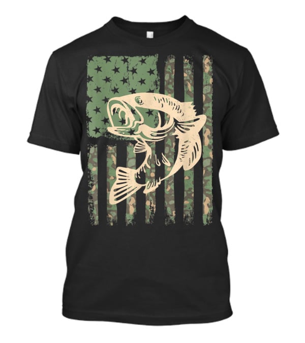 Camouflage USA Flag Big Mouth Bass Fishing T-Shirt