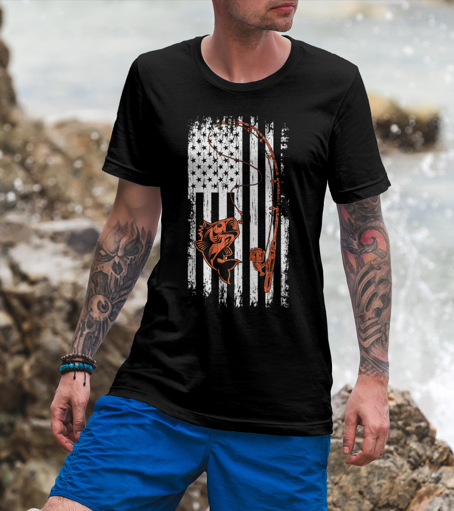 USA Fishing Flag Bass And Rod American Flag T-Shirt