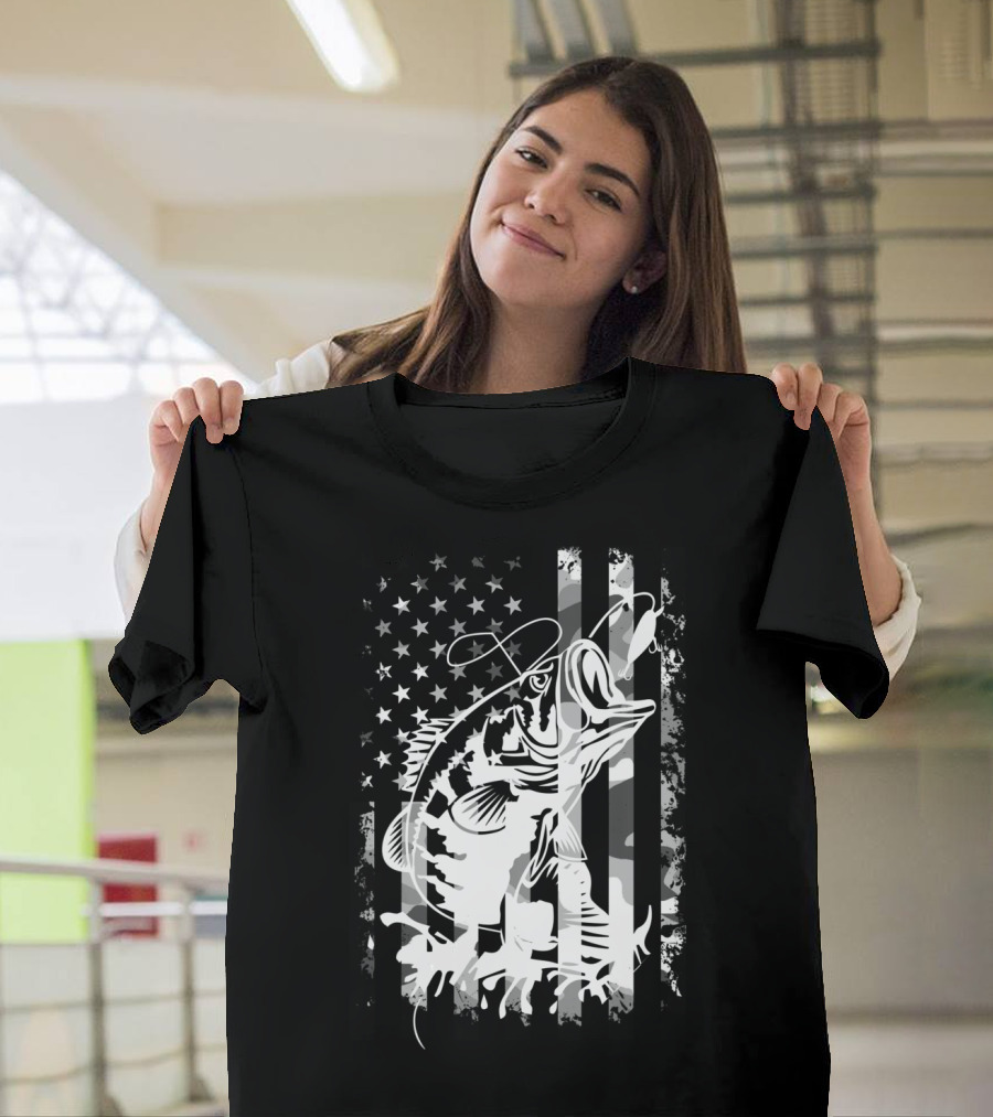 USA Flag Camouflage Bass Fishing T-Shirt