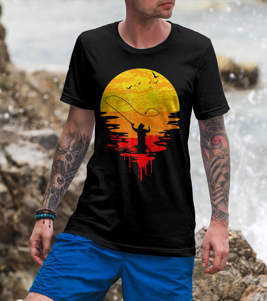 Fly Fishing At Sunset Vintage Style Silhouette With Birds T-Shirt