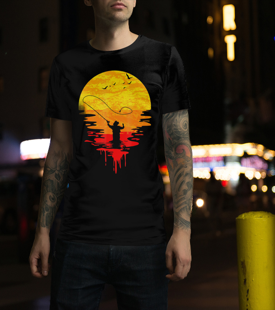 Fly Fishing At Sunset Vintage Style Silhouette With Birds T-Shirt