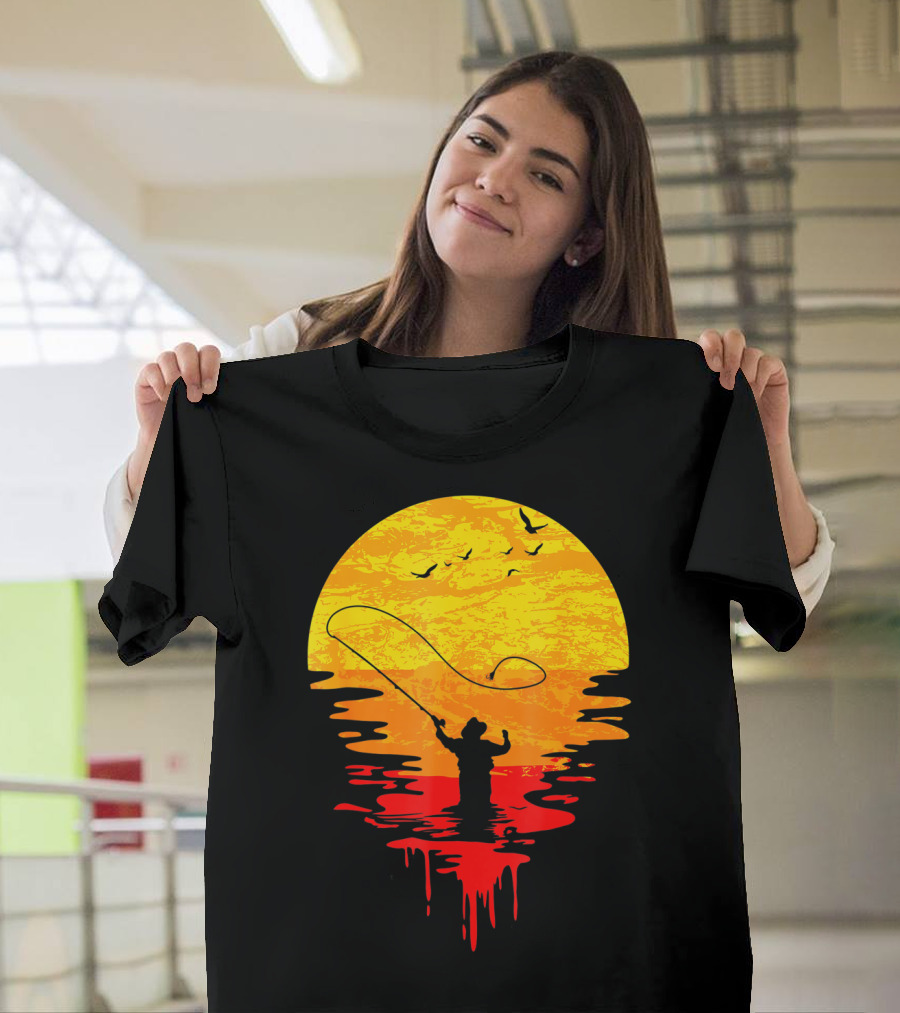 Fly Fishing At Sunset Vintage Style Silhouette With Birds T-Shirt