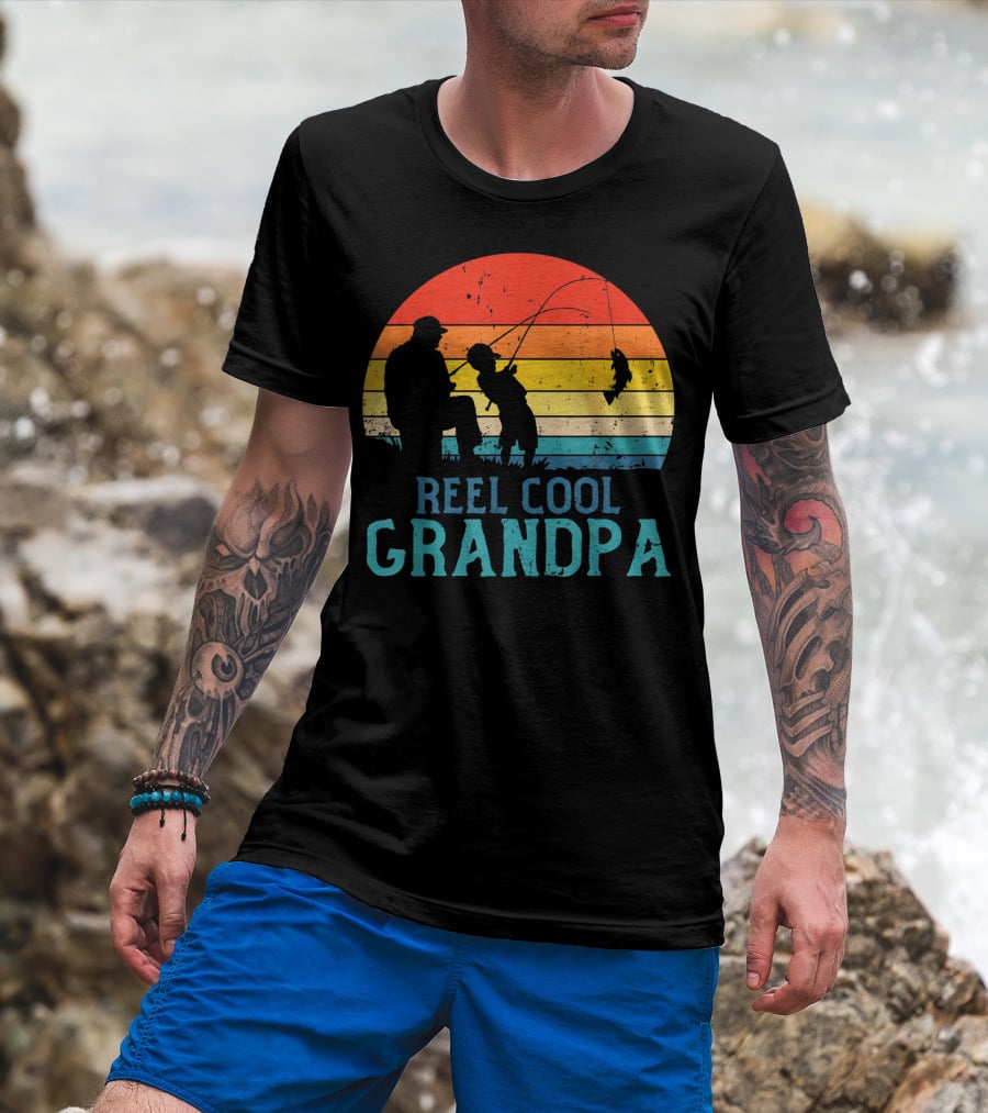 Reel Cool Grandpa Fishing Sunset T-Shirt