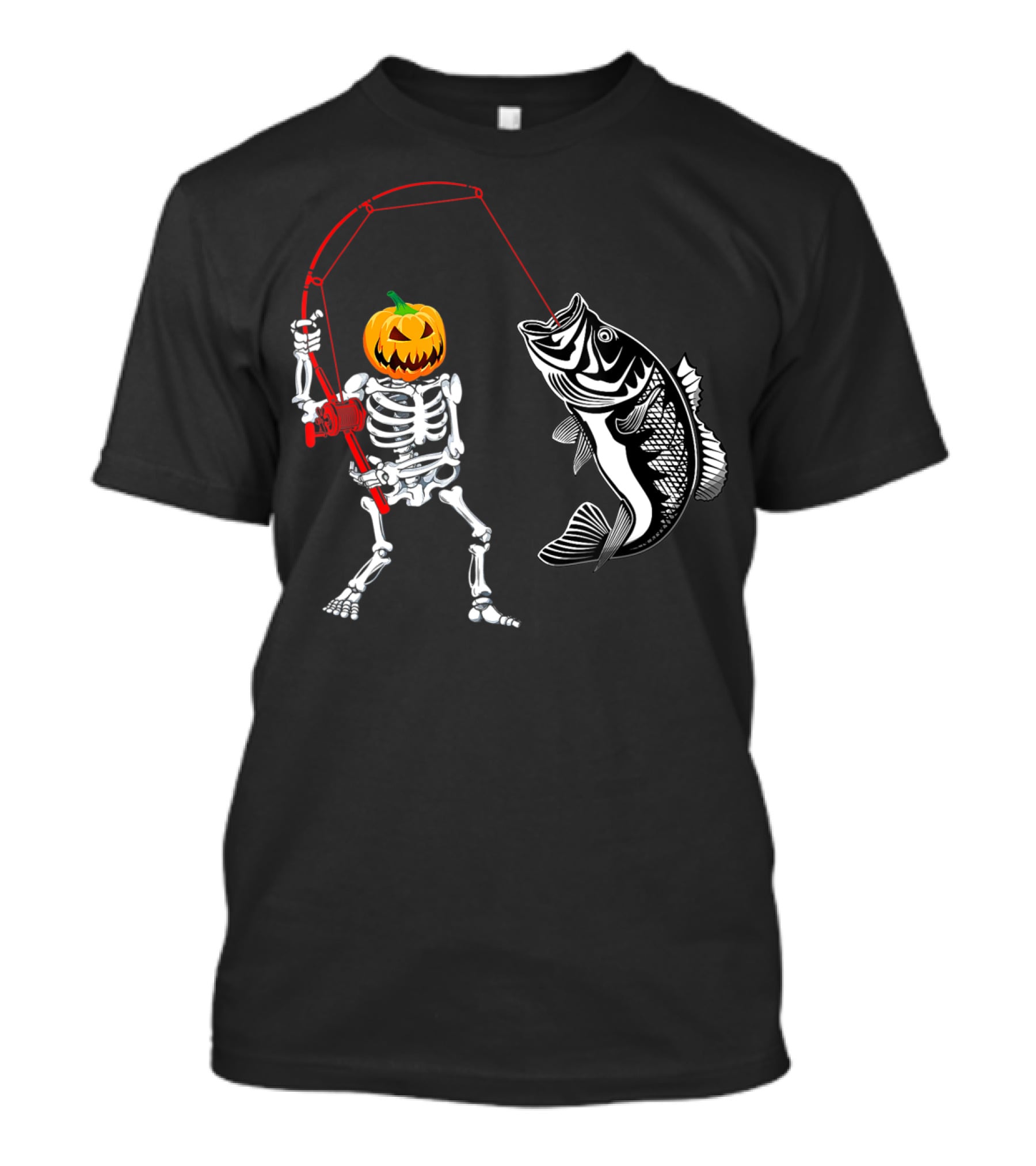 Halloween Pumpkin Skeleton Fishing With Bass Catch T-Shirt