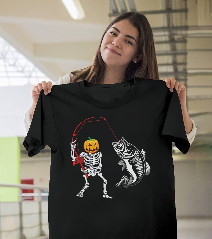 Halloween Pumpkin Skeleton Fishing with Bass Catch T-Shirt