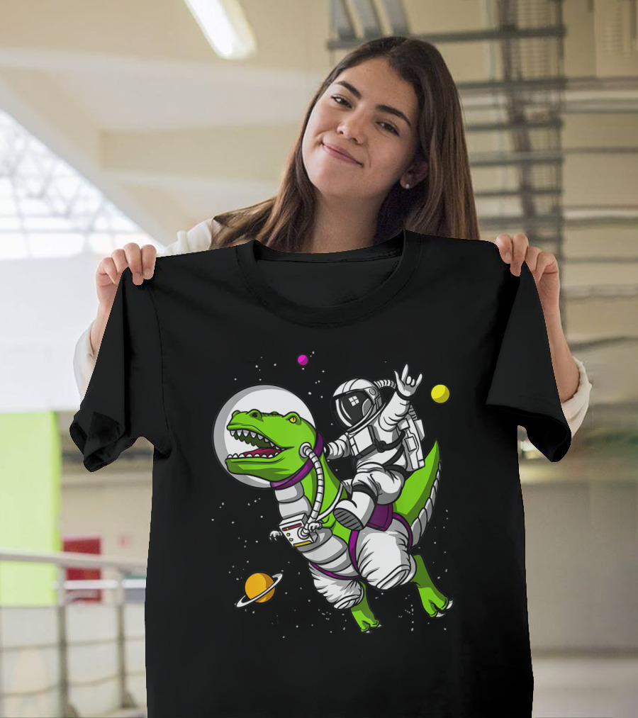 Astronaut Riding TRex Dinosaur in Outer Space with Planets T-Shirt