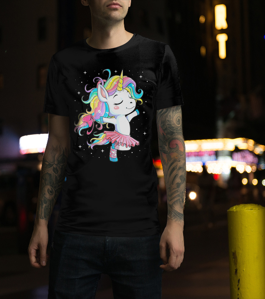 Ballet Dancer Unicorn Kids Girls Rainbow Ballerina Twirling Among Stars T-Shirt