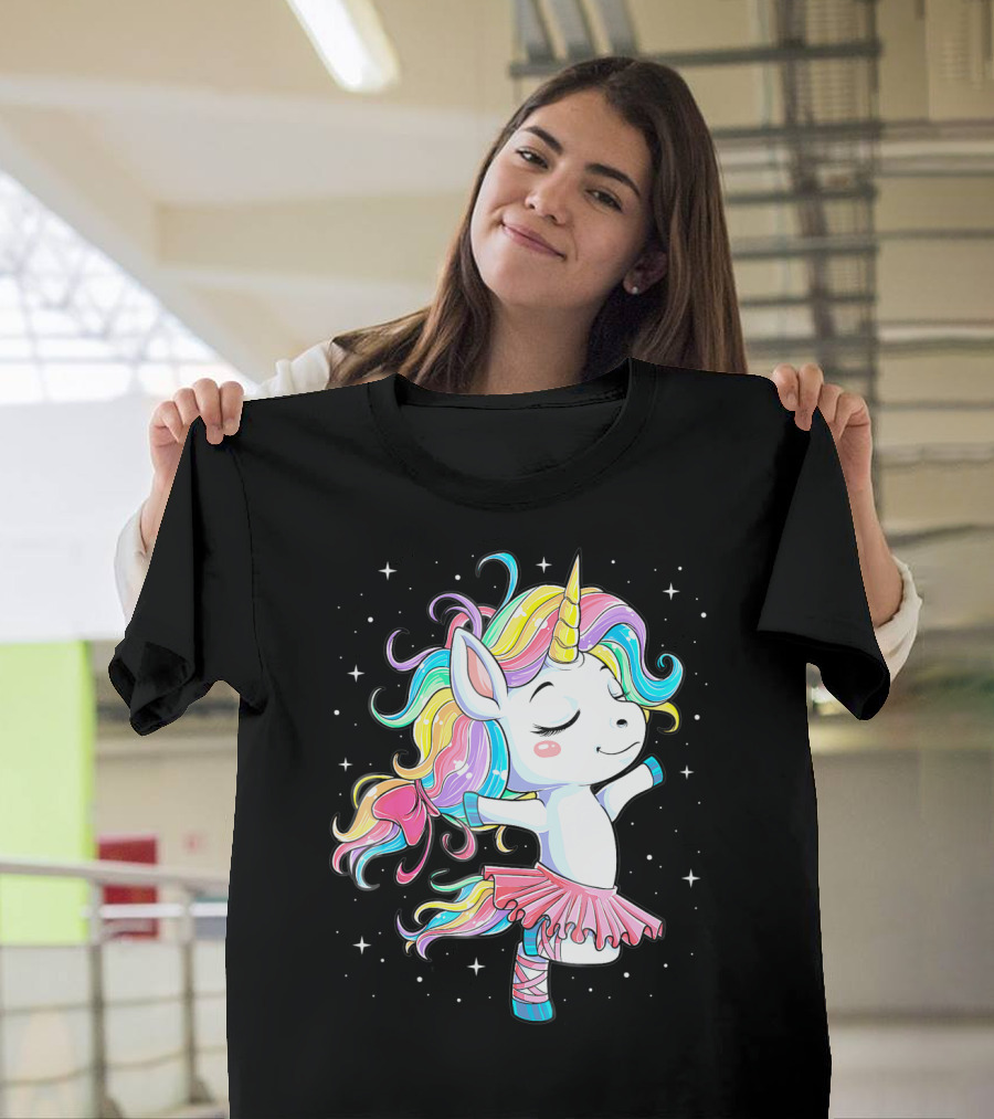Ballet Dancer Unicorn Kids Girls Rainbow Ballerina Twirling Among Stars T-Shirt