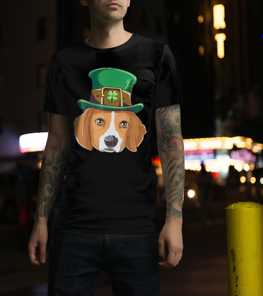 Beagle Wearing Leprechaun Hat With Shamrock T-Shirt