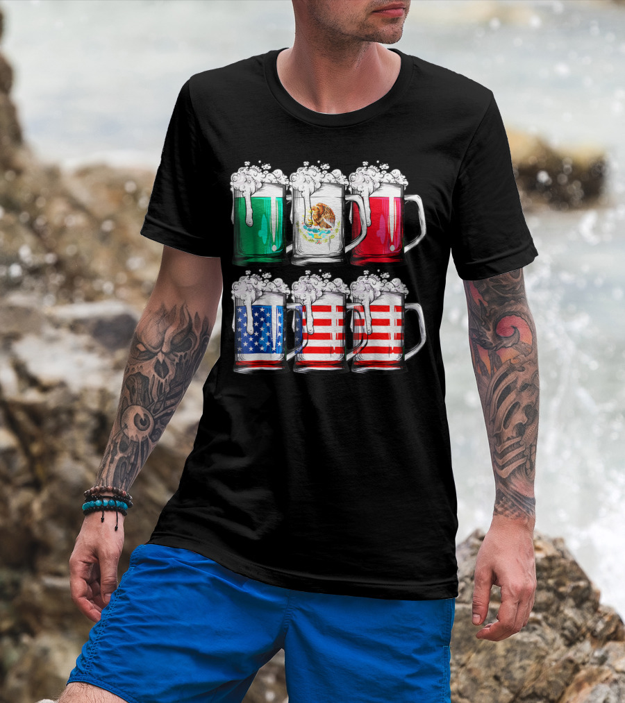 Beer Mugs Mexican American Flags Cinco De Mayo T-Shirt