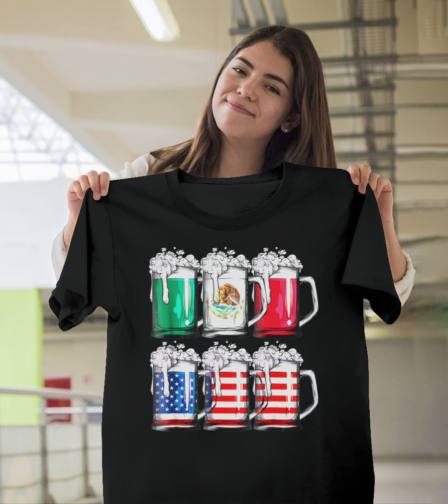 Beer Mugs Mexican American Flags Cinco De Mayo T-Shirt