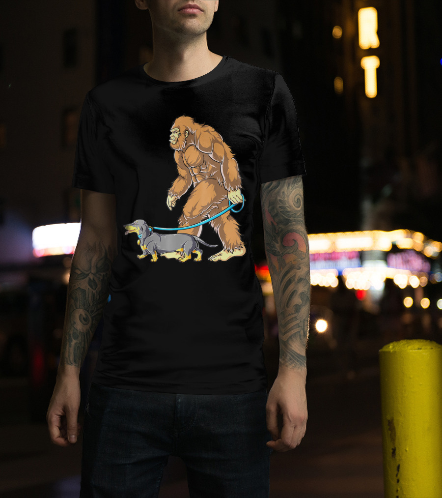 Bigfoot Sasquatch Walking Dachshund Dog T-Shirt