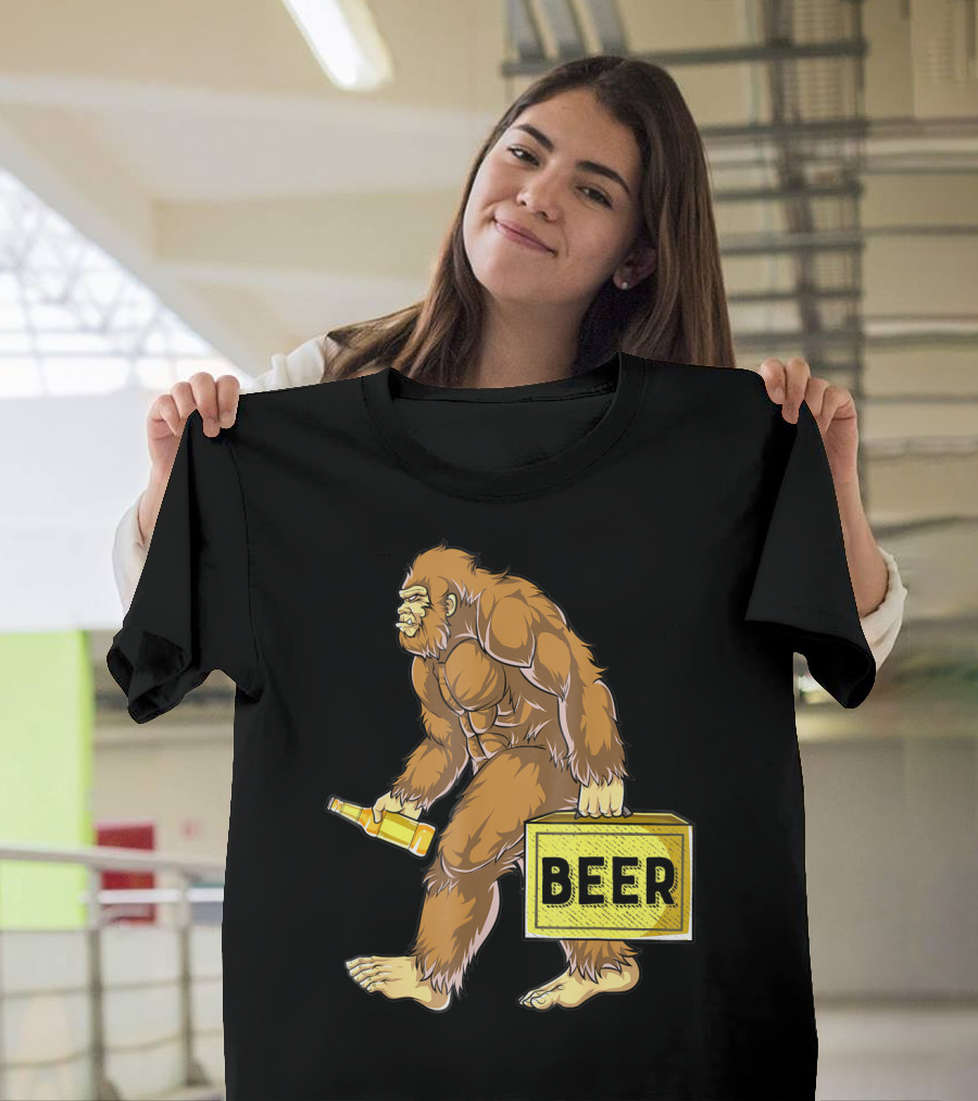 Bigfoot with Beer Funny Sasquatch Drinking Party Carrying Beer Box T-Shirt