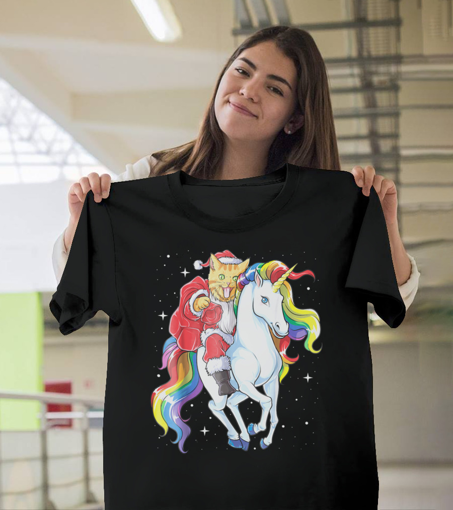 Meowy Cat Santa Riding Rainbow Unicorn Christmas Girls Women T-Shirt