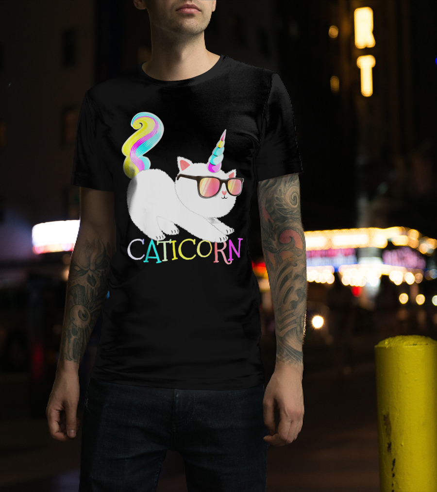 Caticorn Rainbow Unicorn Cat Girls Sunglasses Colorful Mane T-Shirt