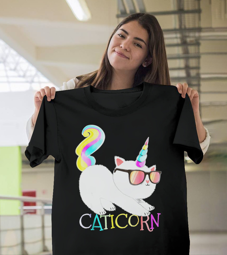 Caticorn Rainbow Unicorn Cat Girls Sunglasses Colorful Mane T-Shirt