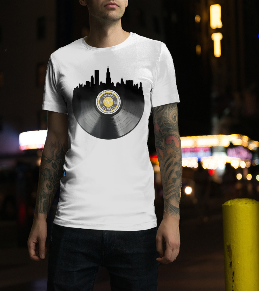 Chicago Illinois Vinyl Record Skyline EST 1833 T-Shirt