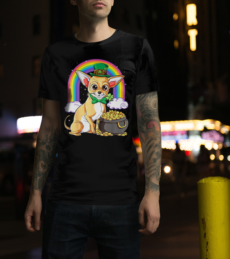 Chihuahua St Patricks Day Leprechaun Rainbow Pot Of Gold T-Shirt