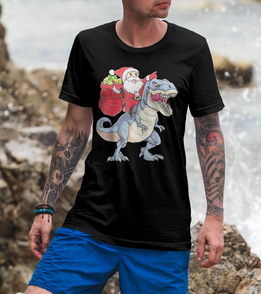 Christmas Santa Riding Dinosaur Rex With Presents T-Shirt