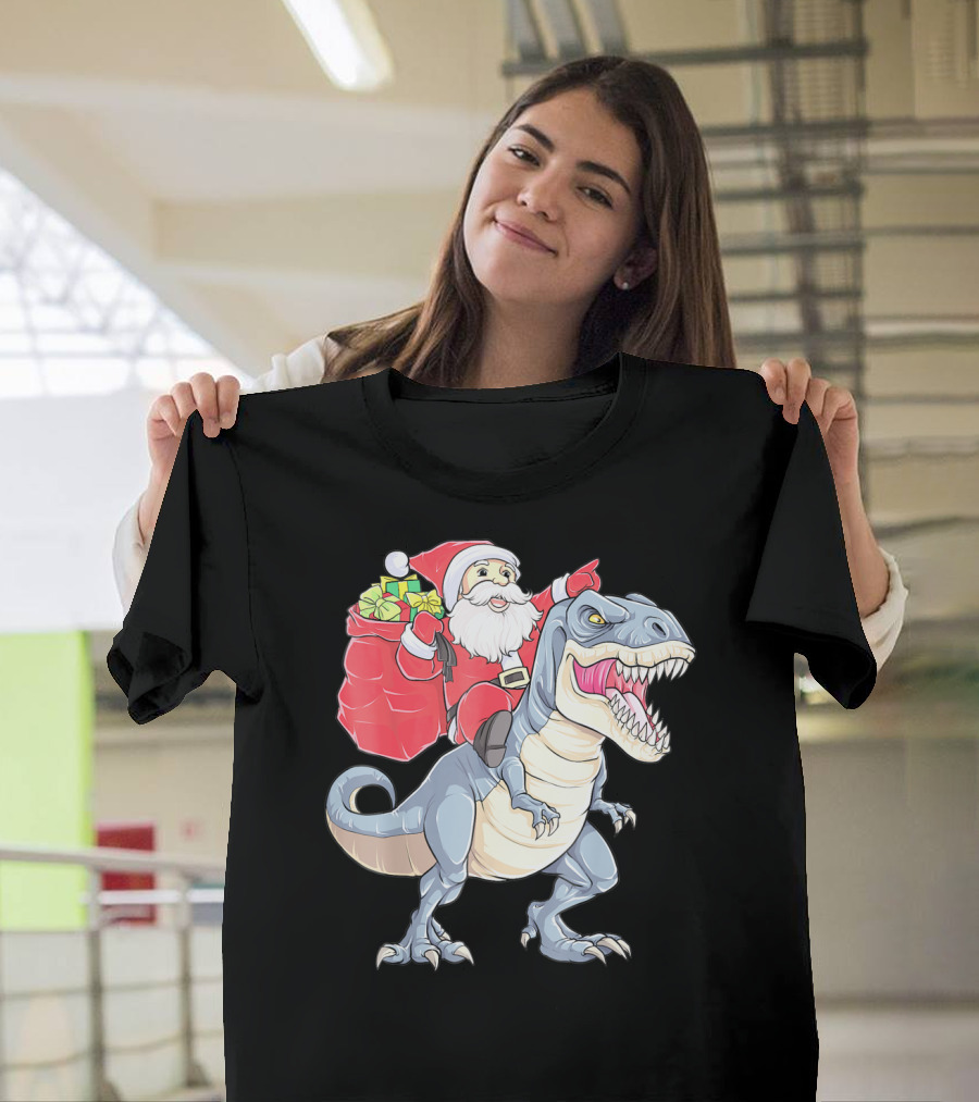Christmas Santa Riding Dinosaur Rex With Presents T-Shirt