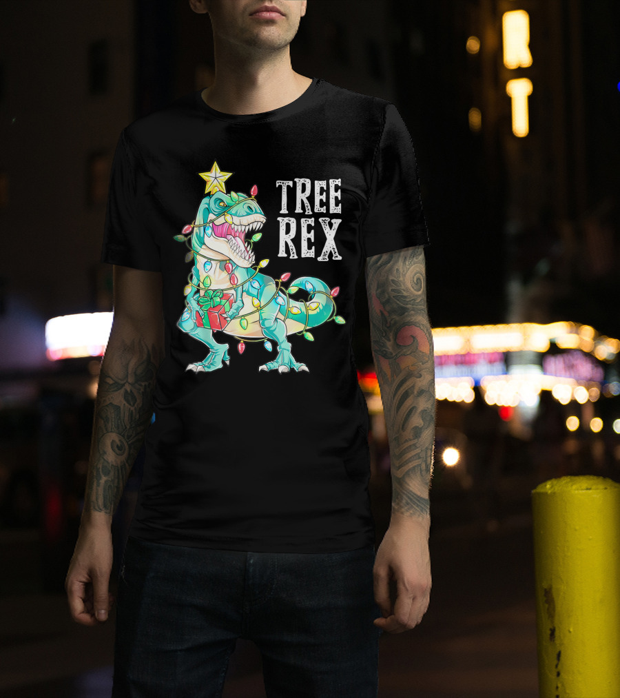Tree Rex Christmas Kids Dinosaur Lights T-Shirt