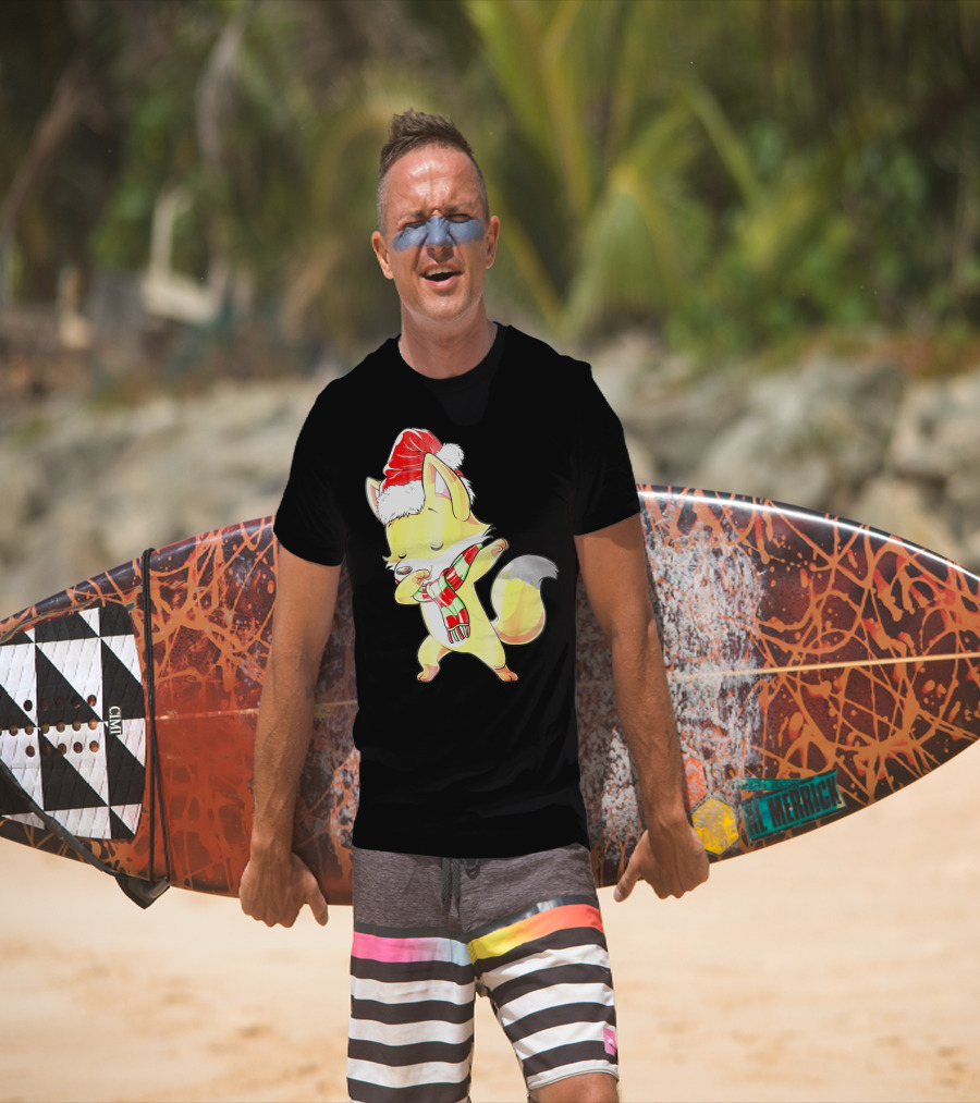 Christmas Fox Dabbing In Santa Hat And Scarf T-Shirt