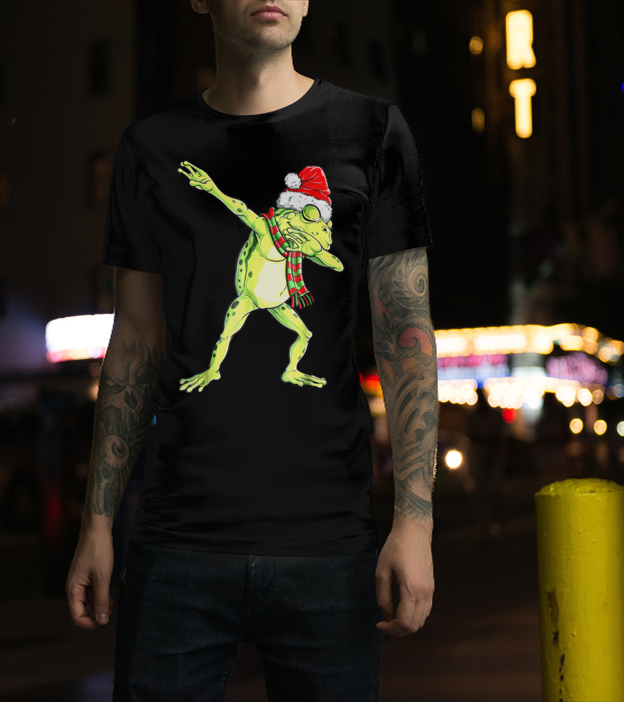 Dabbing Frog With Santa Hat And Scarf Christmas T-Shirt