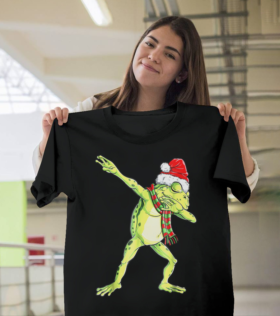 Dabbing Frog with Santa Hat and Scarf Christmas T-Shirt