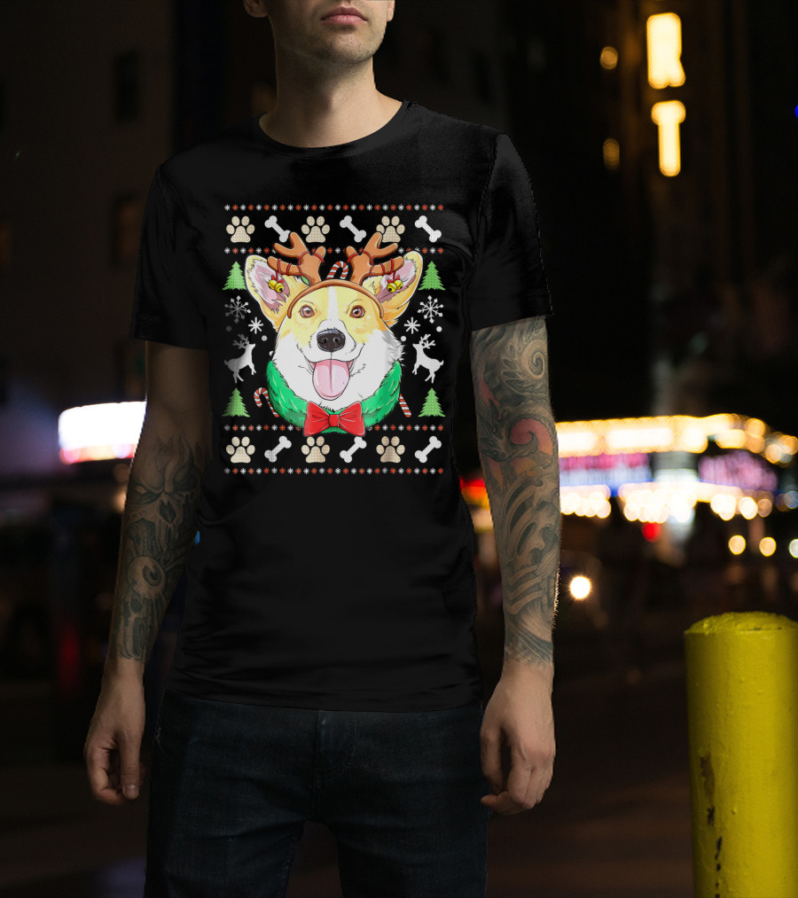 Corgi Christmas Reindeer Antlers Dog Ugly Sweater Xmas Girls T-Shirt