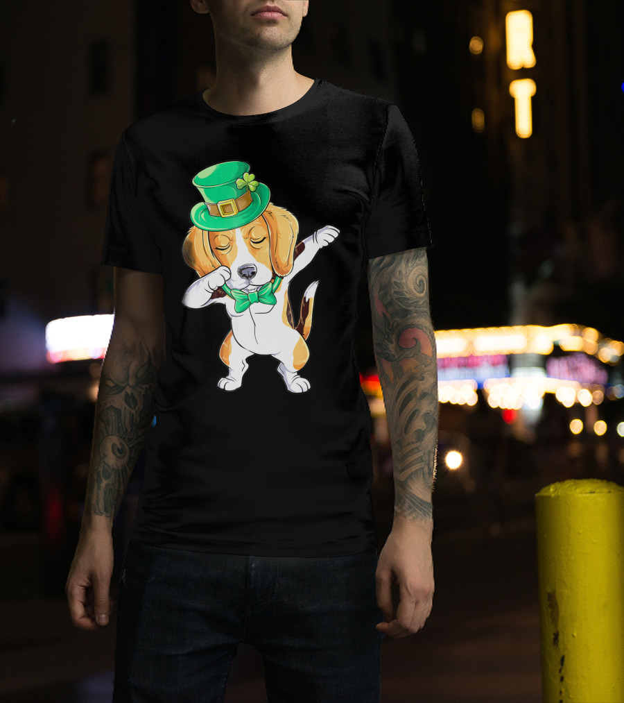 Dabbing Beagle In St Patricks Day Leprechaun Hat And Bowtie T-Shirt