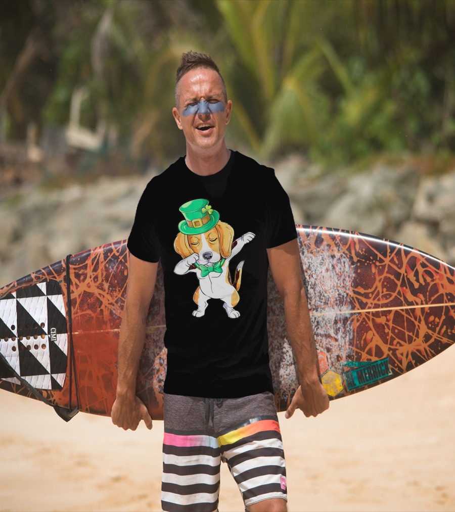 Dabbing Beagle In St Patricks Day Leprechaun Hat And Bowtie T-Shirt